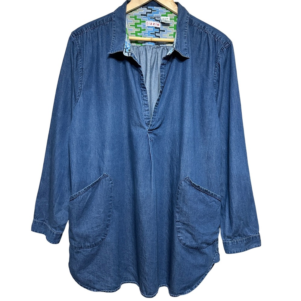 Tizzie Denim Tunic Top Womens L Long Sleeve Patch Pockets Blue Chambray Teacher‎